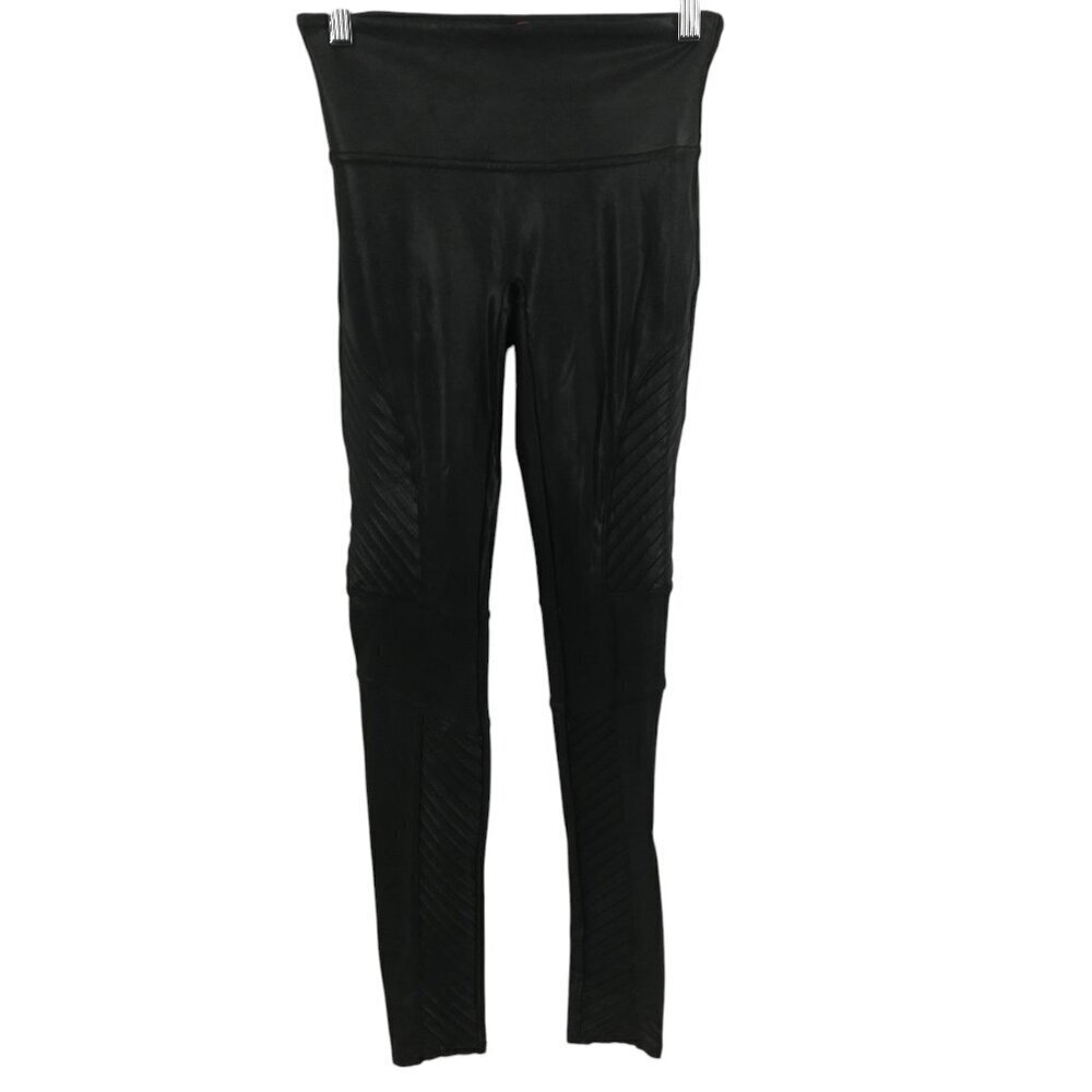 Spanx Faux Leather Glossy Biker Leggings Size S Black Shiny Moto Shiny Skinny